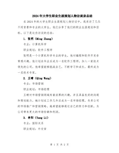2024年大学生职业生涯规划人物访谈录总结