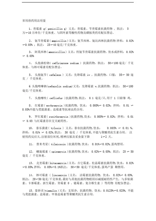 猪常用兽药用法用量