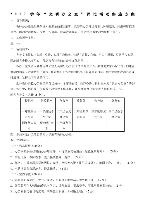 2017学年“--文明办公室”评比活动实施方案