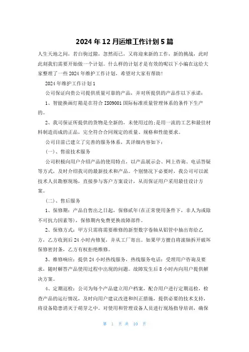 2024年12月运维工作计划5篇