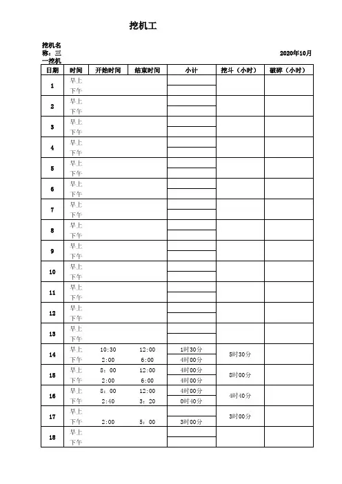 挖机台班统计表(时间自动公式加减)