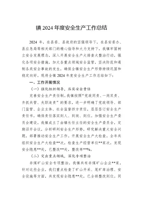 镇2024年度安全生产工作总结