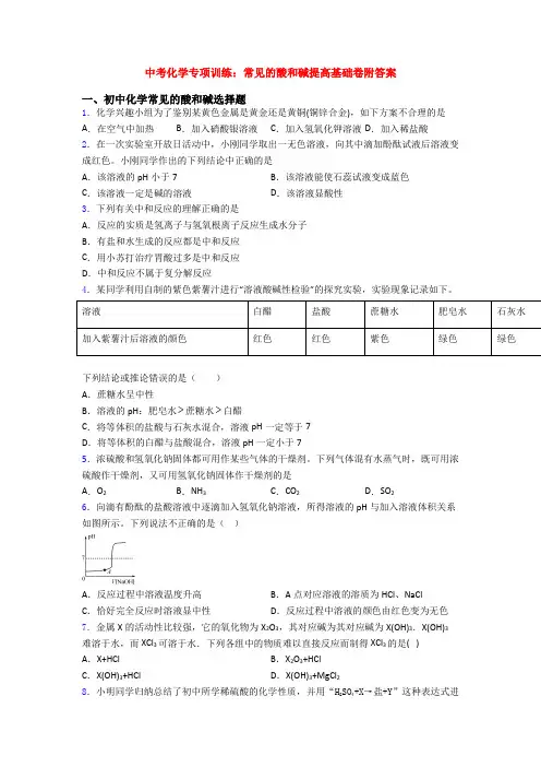 中考化学专项训练：常见的酸和碱提高基础卷附答案