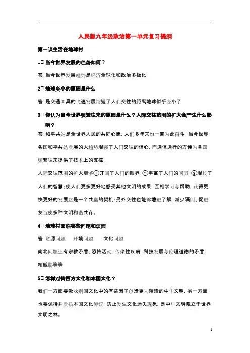 九年级政治 第一单元复习资料整理 人民版