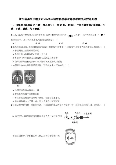 浙江省嘉兴市桐乡市2020年初中科学毕业升学考试适应性练习卷(解析版)