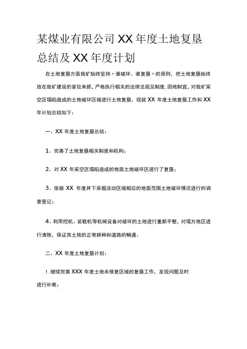 某煤业公司年度土地复垦总结及年度计划