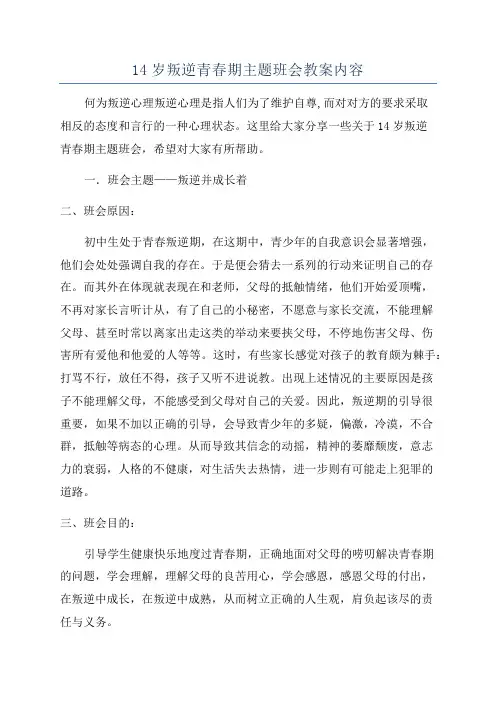 14岁叛逆青春期主题班会教案内容