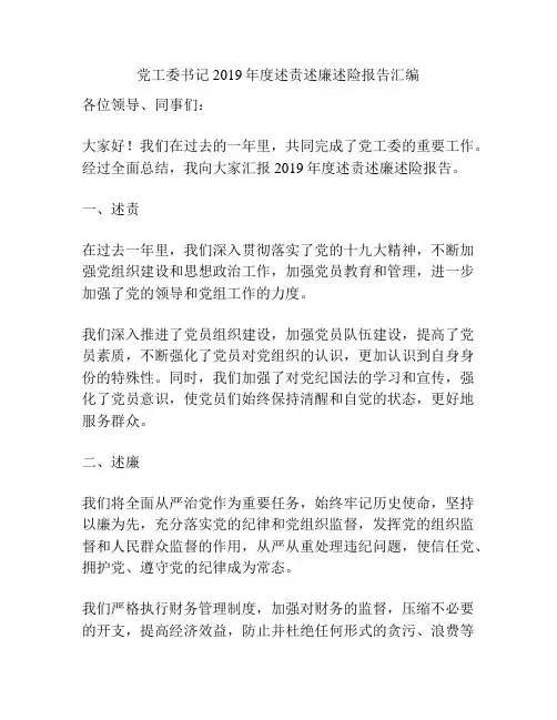 党工委书记2019年度述责述廉述险报告汇编