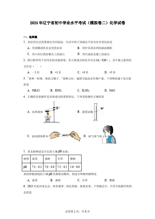 2024年辽宁省初中学业水平考试(模拟卷二)化学试卷