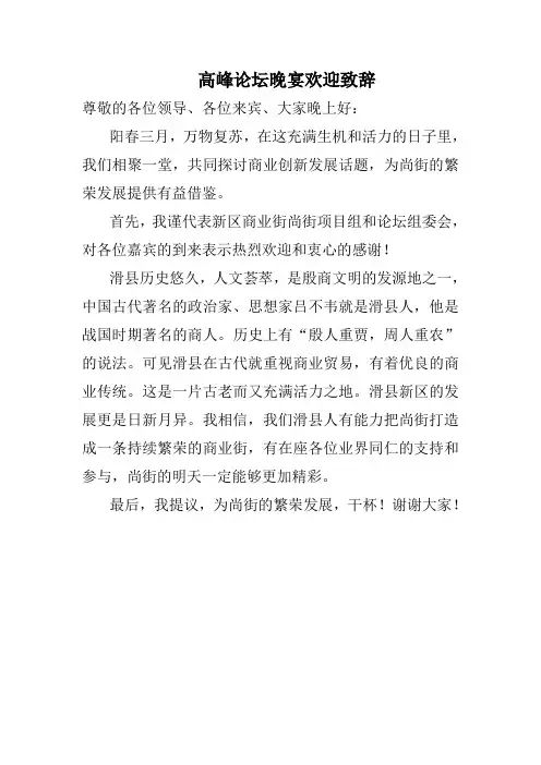 高峰论坛晚宴欢迎致辞