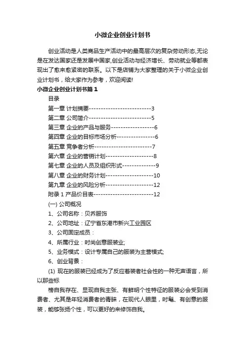小微企业创业计划书