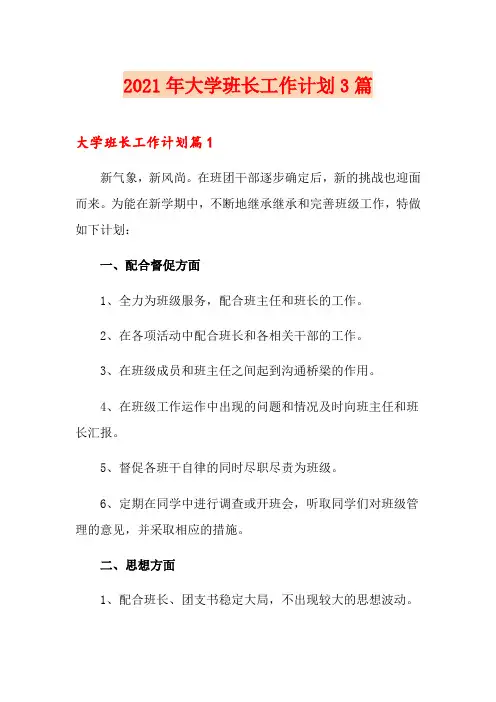 2021年大学班长工作计划3篇