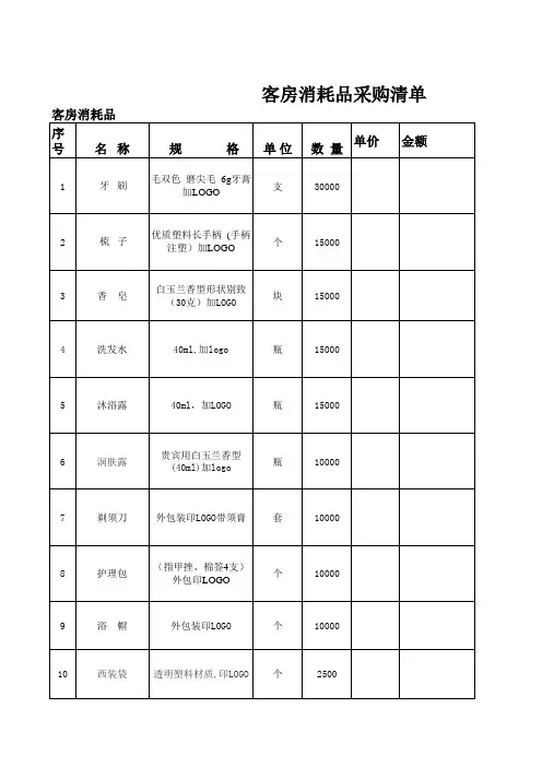 五星级酒店客房耗品报价