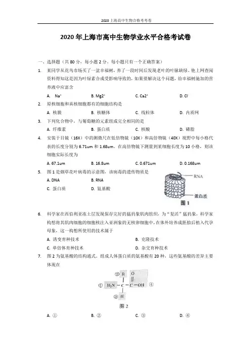 2020上海高中生物合格考考卷