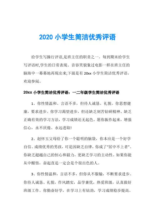 2020小学生简洁优秀评语