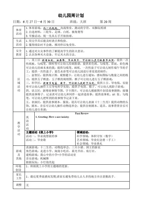 幼儿园大班班级周计划第20周