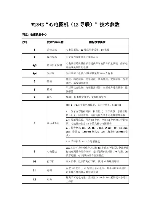 W1342心电图机(12导联)技术参数