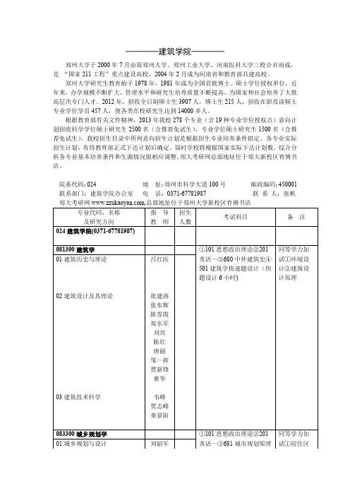 郑大建筑学院2013年考研专业目录