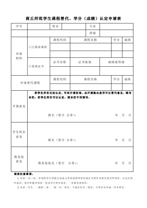 课程替代、学分成绩认定申请表