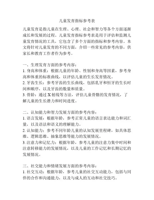儿童发育指标参考表