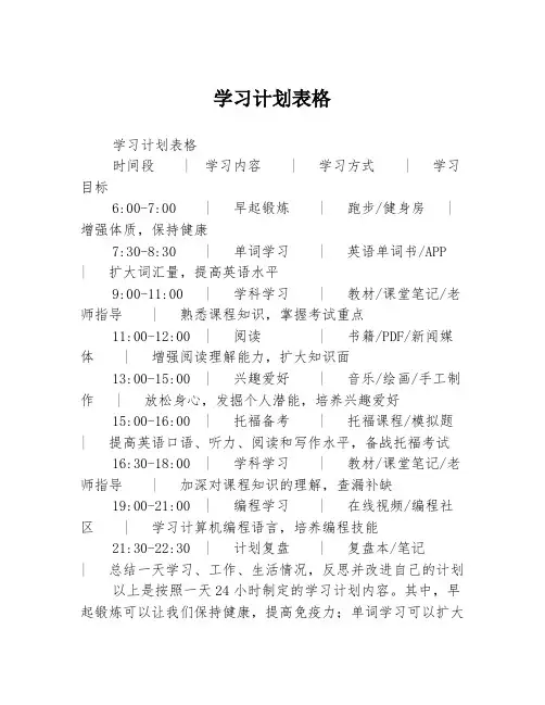 学习计划表格