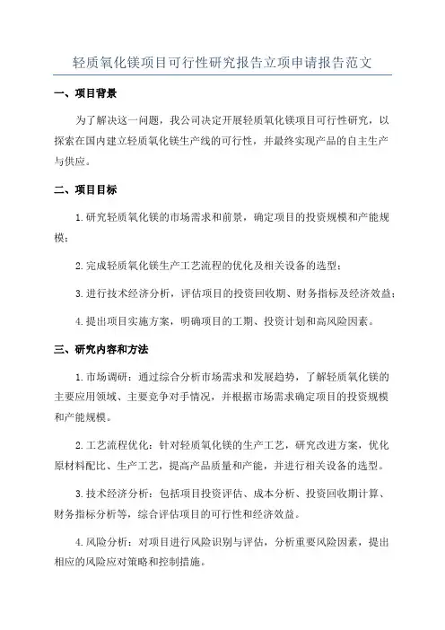 轻质氧化镁项目可行性研究报告立项申请报告范文