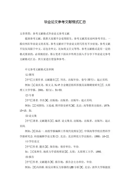 毕业论文参考文献格式汇总
