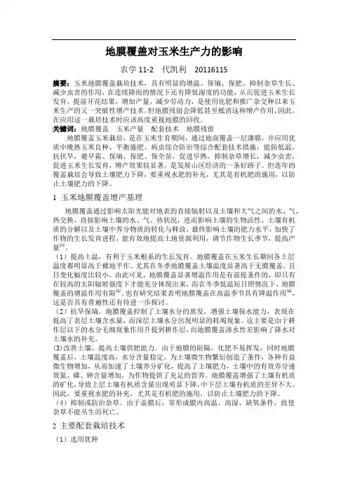 地膜覆盖对玉米生产力的影响