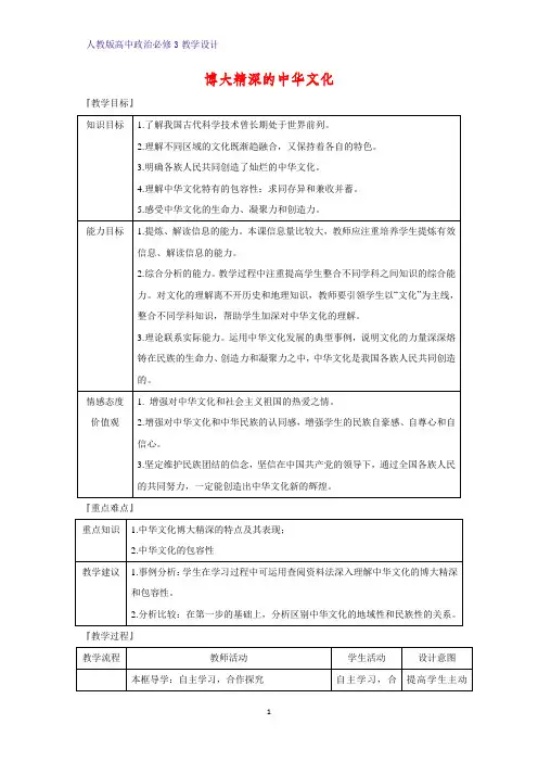 高中政治必修3教学设计16：6.2 博大精深的中华文化教案
