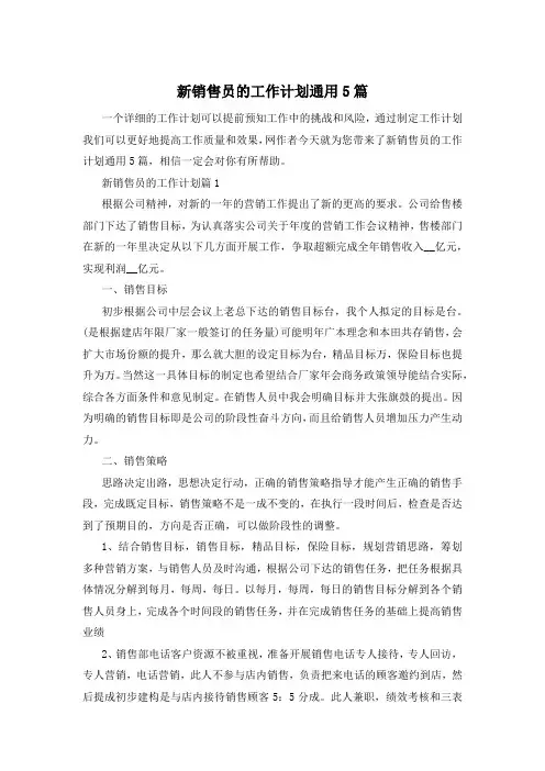 新销售员的工作计划通用5篇