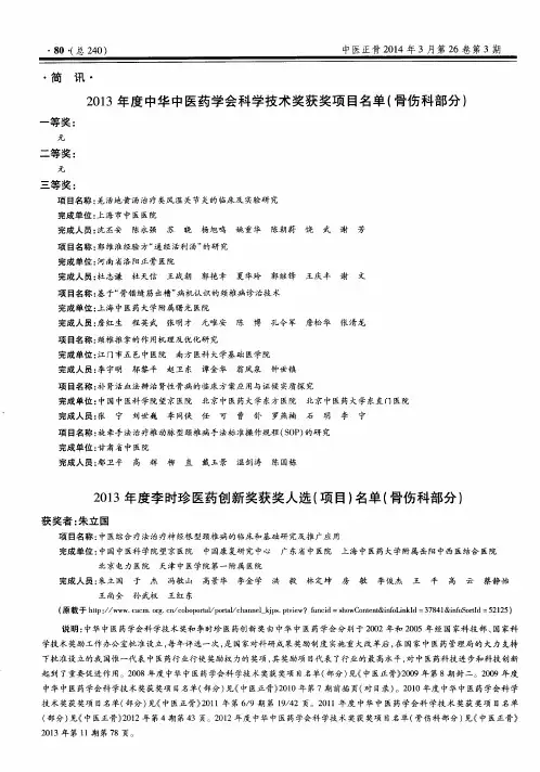 2013年度李时珍医药创新奖获奖人选(项目)名单(骨伤科部分)