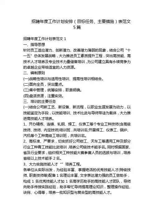招聘年度工作计划安排(目标任务、主要措施)表范文5篇