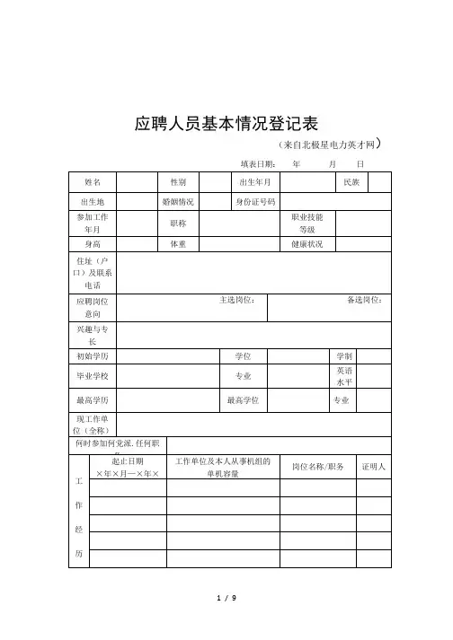 应聘人员基本情况登记表