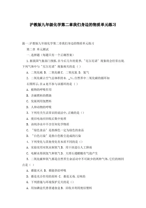 沪教版九年级化学第二章我们身边的物质单元练习