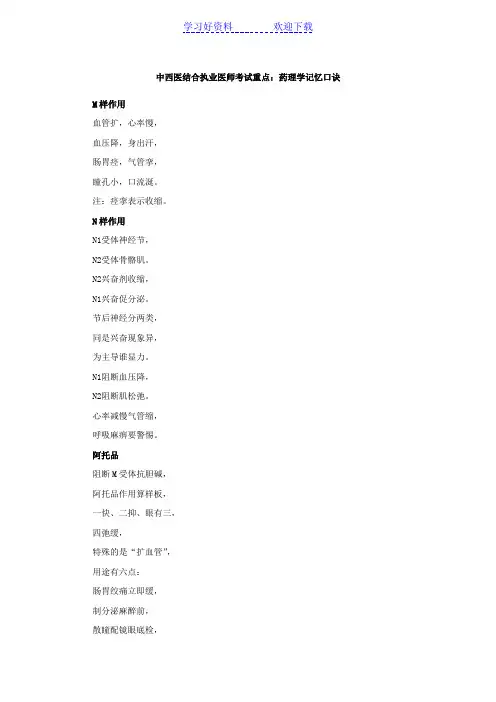 中西医结合执业医师考试重点(药理学记忆口诀)