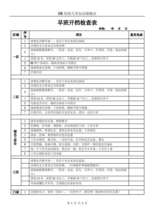 早班开档检查表