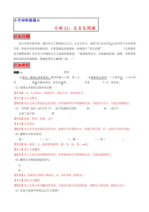 小升初衔接语文讲义：专题12+文言文阅读
