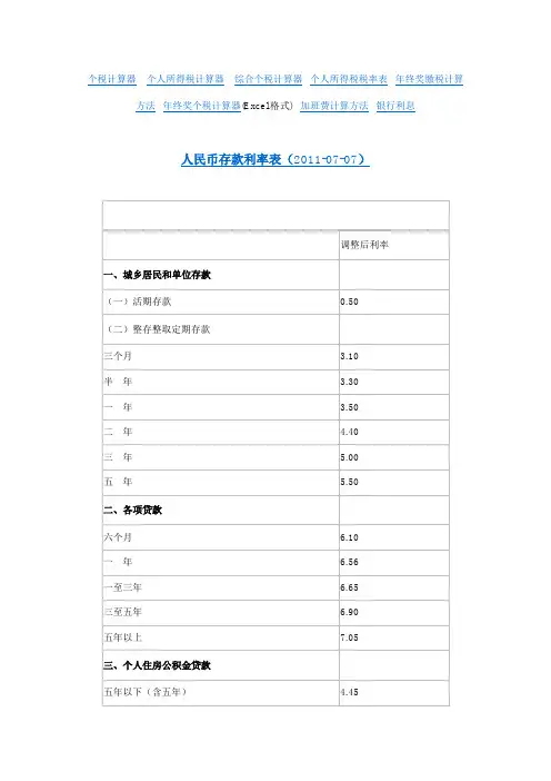 人民币存款利率表(2011-07-07)