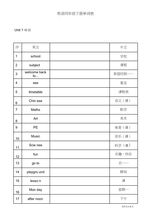 苏教版四年级下册英语单词表