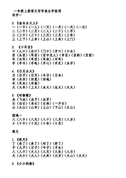 人教版一年级语文上册写字表生字及组词无拼音