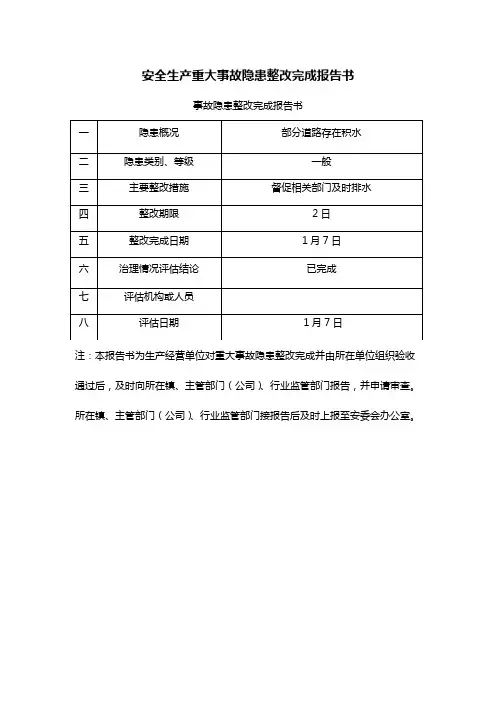 安全生产重大事故隐患整改完成报告书