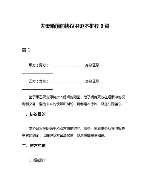 夫妻婚前的协议书范本推荐8篇