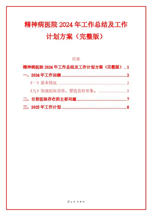 精神病医院2024年工作总结及工作计划方案(完整版)
