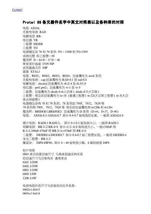 Protel 99 元器件中英文对照表以及库对照表