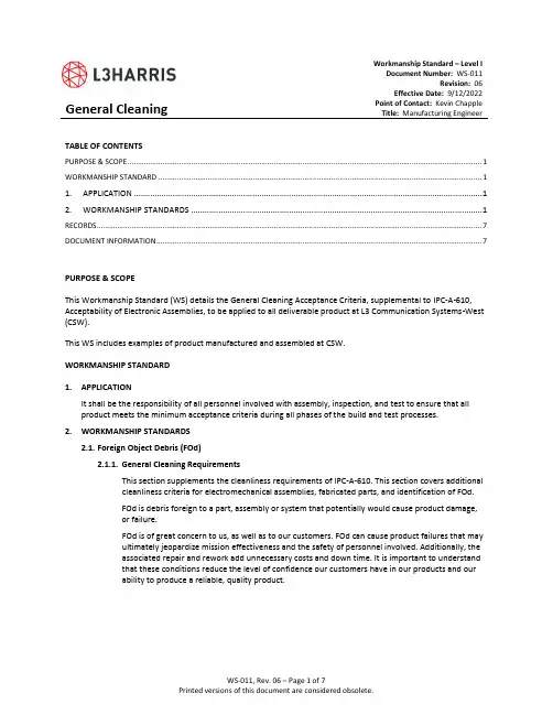 L3 Communications Systems-West 产品清洁质量标准说明书