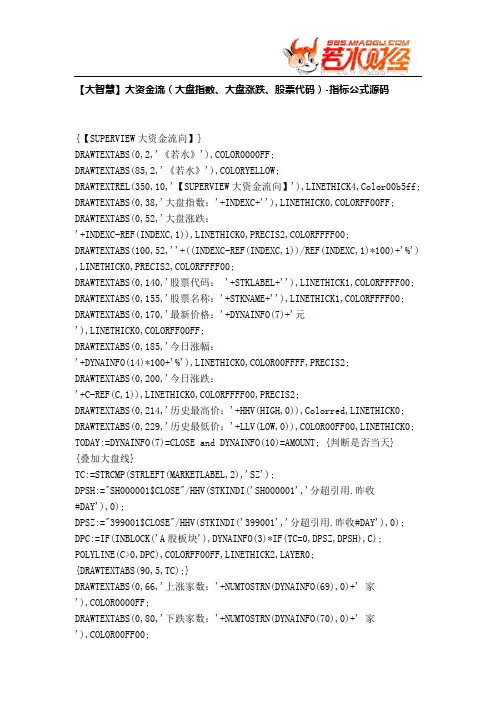 【股票指标公式下载】-【大智慧】大资金流(大盘指数、大盘涨跌、股票代码)
