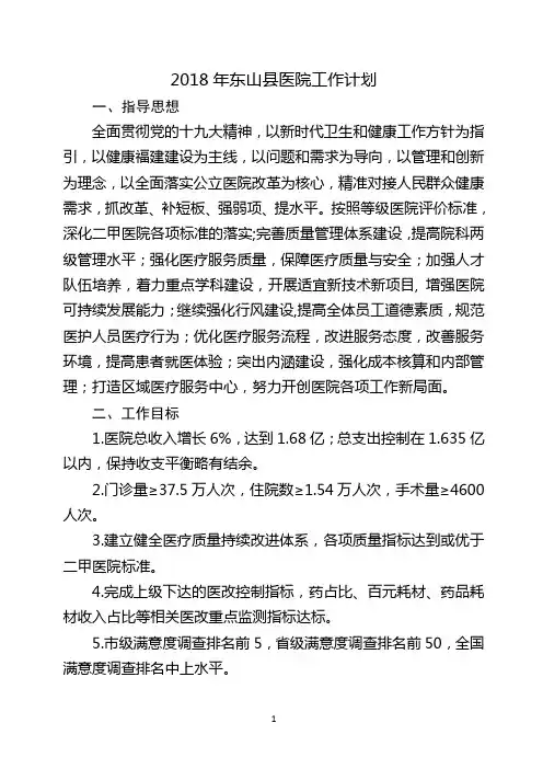 2018年东山县医院工作计划