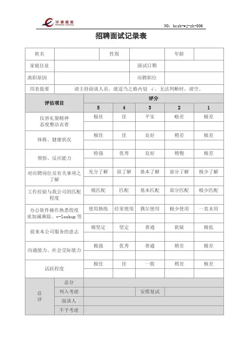 6 人员招聘面试记录表hcsb-wj-zh-006