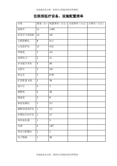 医院住院科室设备配置