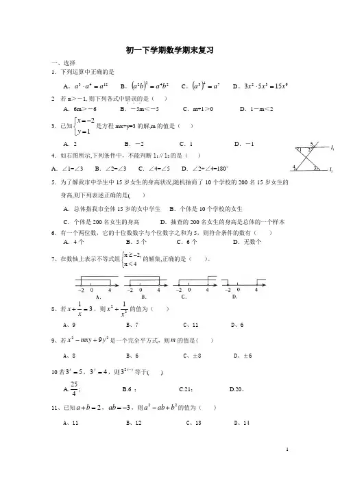 初一下学期数学期末复习(北京课改版)